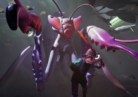 Grounded-Screenshot-from-steam-of-the-player-slashing-a-large-purple-praying-mantis-with-a-sword-1.jpg