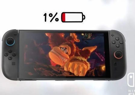 A-Switch-2-in-handheld-mode-with-Donkey-Kong-being-played.-DK-looks-anxious-as-he-looks-up-towards-the-top-of-the-screen.-Above-the-screen-is-a-low-battery-with-a-one-percent-warning.jpg