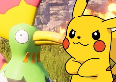 A-Palworld-Pal-looks-anxious-as-a-stern-looking-drawing-of-Pikachu-is-overlayed-next-to-it.jpg