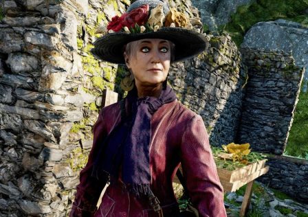 Atomfall-screenshot-showing-a-lady-wearing-a-floral-hat-standing-inside-a-ruined-building.jpg
