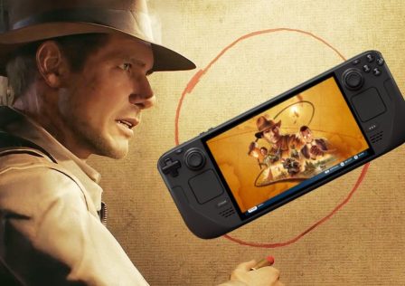Indiana-Jones-and-the-Great-Circles-Indy-points-to-a-board-with-a-Steam-Deck-playing-Indiana-Jones-and-the-Great-Circle-on-it.jpg