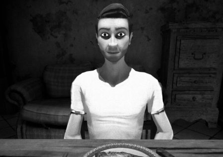 a-screenshot-from-horses-showing-a-man-sitting-at-a-wooden-table-in-a-rundown-house-looking-unnerved-the-image-is-in-black-and-white.jpg