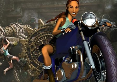 Screenshot-from-Tomb-Raider-Legacy-of-Atlantis-showing-Lara-climbing-the-side-of-a-large-ancient-contraption-with-an-image-of-classic-Lara-riding-a-motorbike-overlaid-on-top.jpg