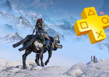 Aloy-rides-on-the-back-of-a-mechanical-beast-across-a-snowy-landscape-in-Horizon-Zero-Dawn-Remastered.-A-PS-Plus-logo-is-overlaid-in-the-top-right-corner.jpg
