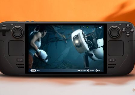 steam-deck-in-front-of-an-orange-wall-with-portal-2-open-showing-chell-confronting-glados.jpg